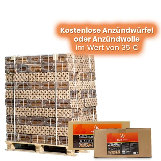 Palette Holzbriketts nach Wahl + gratis Paket im Wert von 35 €