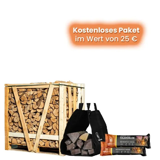 Halbe Palette Kaminholz 25cm nach Wahl + gratis Paket im Wert von 25 €