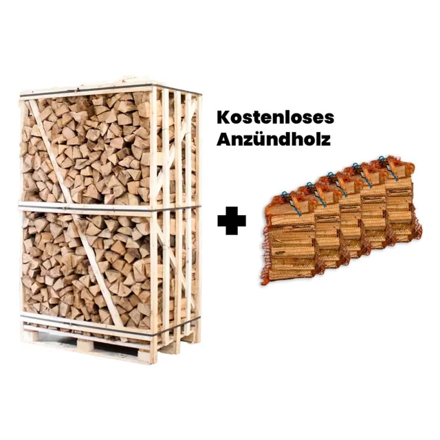 Palette Buche Brennholz 25cm + gratis 5 Netzsäcke Anzündholz