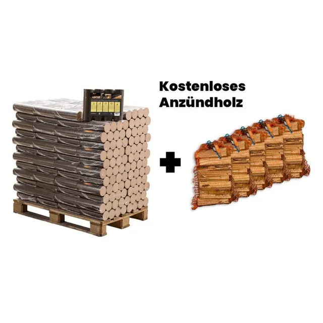 Palette Runde Buchen Briketts + 5 Säcke Anzündholz gratis