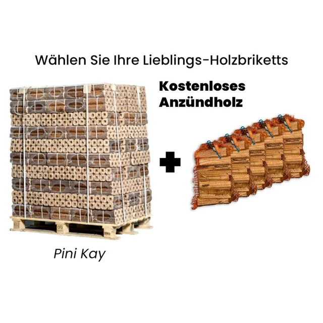 Palette Holzbriketts + 5 Säcke Anzündholz gratis