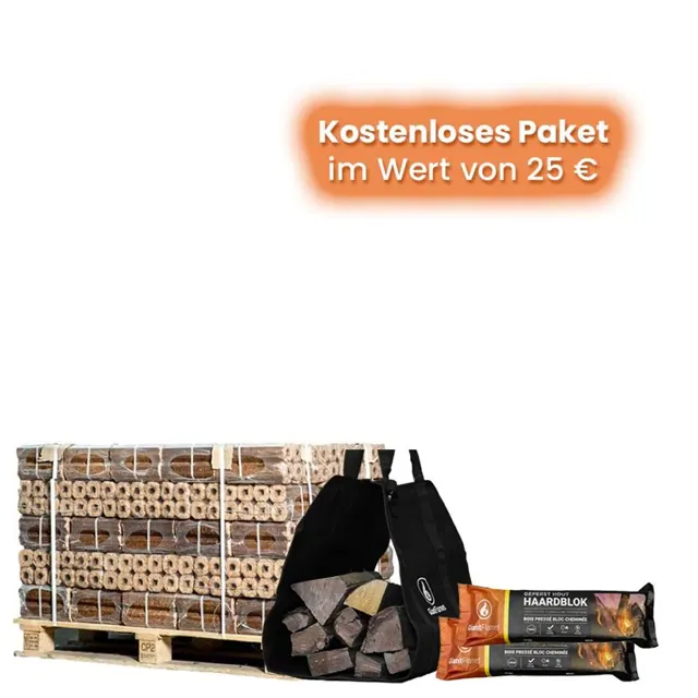 Halbe Palette Holzbriketts nach Wahl + gratis Paket im Wert von 25 €